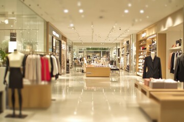 A modern retail store interior displaying clothing and accessories on racks and shelves.