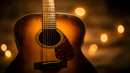 Fototapeta premium A Close-Up View of a Wooden Acoustic Guitar with Bokeh Lights in the Background