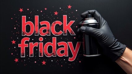 hand in glove holds paint spray bottle, painting graffity style text "black friday" with stars on black background