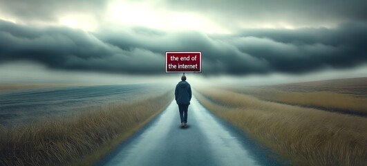 Man walking on the endless empty road holding a sign. The end of the internet. Technology quotation.