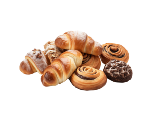 Assorted delicious pastries and breads served on white background. Ideal for food themed graphics and bakery marketing. Generative AI