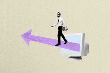 Creative collage image young businessman walk go computer monitor screen display arrow career...