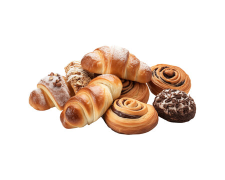 Assorted delicious pastries and breads served on white background. Ideal for food themed graphics and bakery marketing. Generative AI