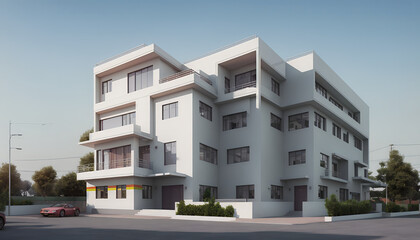 Obraz premium Illustrative frontal view of a new, modern and clearly architecturally planned house, new modern architecture, architectural visualization