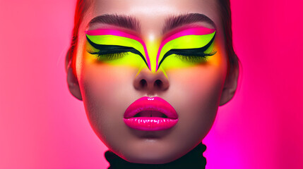 Glamorous woman with vibrant neon makeup and glossy lips. Bold futuristic beauty trends