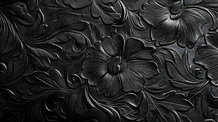 Black Leather with Embossed Floral Pattern - Detailed Intricate Design of Flowers and Leaves in Relief