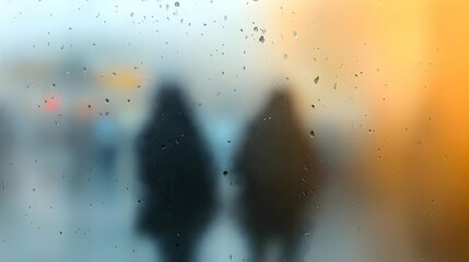 Fototapeta premium Blurred Silhouettes of People Seen Through a Foggy Window with Raindrops, Creating a Dreamy and Abstract Image