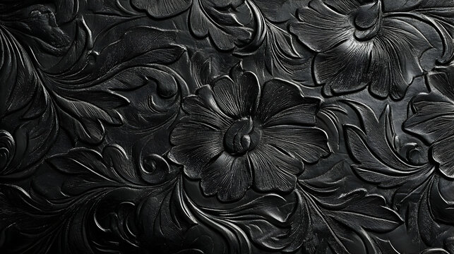 Black Leather with Embossed Floral Pattern - Detailed Intricate Design of Flowers and Leaves in Relief