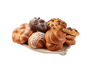 Assorted delicious pastries and breads served on white background. Ideal for food themed graphics and bakery marketing. Generative AI