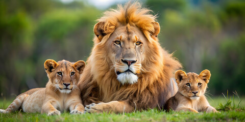 Closeup of a male lion resting with his adorable cubs on grassy ground, lioness, Panthera leo, lion, cub, closeup, family