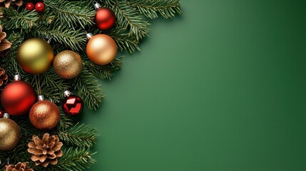 Christmas Ornaments and Pine Branches on Green Background