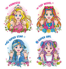 Set beautiful princess on white background. Modern fairy or top model. Portraits of girls with fashionable hairstyle and flower wreath. Isolated illustration for stickers or print. Wonderland. 