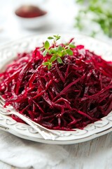 A plate of shredded beets, garnished with fresh thyme, on a white background.