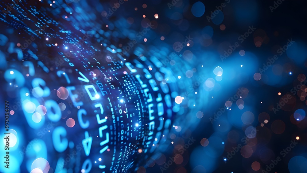 Poster bits and bytes on a dark blue background. 3d rendering toned image - generated ai