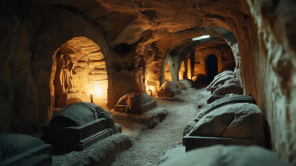 Dimly lit ancient underground catacombs with sarcophagi lining the walls and a statue illuminated by torches within an arched alcove.