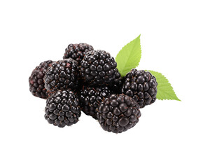 Cluster of blackberries with green leaves on a white background. Perfect for food blogs, menus, or summer themed designs. Generative AI