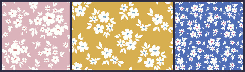 Seamless floral pattern, cute liberty ditsy print, abstract ornament of delicate plants silhouettes. Trendy botanic design: small hand drawn flowers, tiny leaves, simple bouquets. Vector illustration. © Yulya i Kot