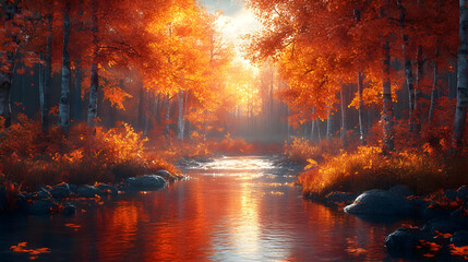 Fototapeta premium Autumn Forest Stream - Illustration