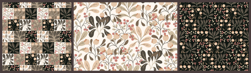 Seamless floral pattern, decorative botanical design, abstract ornament of wild plants. Autumn nature print: small hand drawn branches, flowers, leaves in neutral beige, brown colors. Vector graphic.