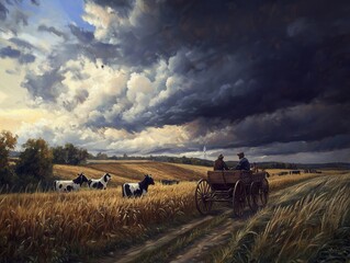 Obraz premium An oil painting of the English countryside in autumn. A farmer on an old wooden cart, pulled by horses, is driving through fields with wheat and cows scattered around him. 