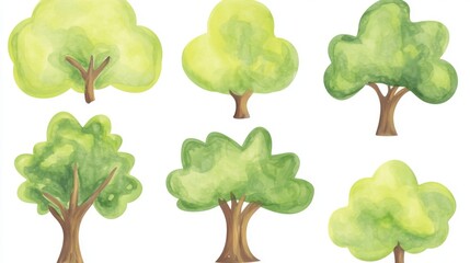 Fototapeta premium A set of watercolor green trees isolated on a white background for landscape and architecture sketches, elements for environment and gardens, botanical for spring sections
