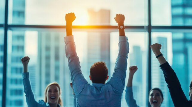 An energetic business sales team celebrating hitting their global sales target in a sleek modern office