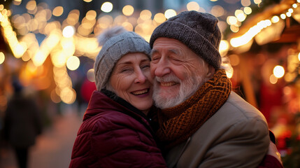 Fototapeta premium Cheerful senior couple man and woman outdoors, winter portrait