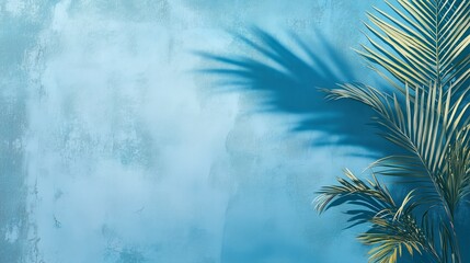 Empty palm shadow blue color texture pattern cement wall background. Used for presentation business nature organic cosmetic products for sale shop online. Summer tropical beach with minimal concept 