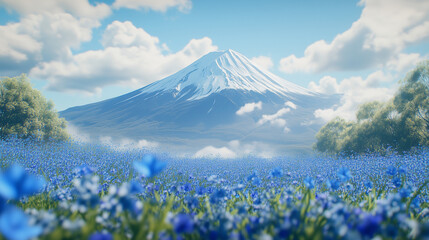 Fototapeta premium Realistic mountain fuji behind a field of blue flowers 