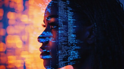 Cybersecurity, Woman Examining Holographic Code Data Stream, Digital Overlay, AI, Future Technology