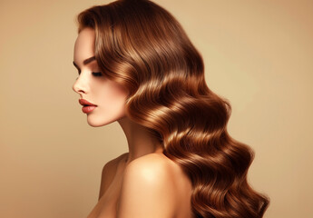 Naklejka premium Stylish redhead person woman portrait. Beauty model with fashion make-up, long red hairstyle and beautiful face. Beauty salon, cosmetic, hair and skin care concept