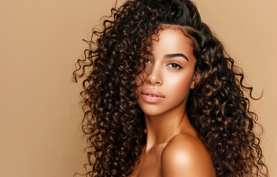 Studio portrait of brunette model woman with long curly hair. Young adult woman with hairstyle wavy curls. Fashion, beauty and makeup concept