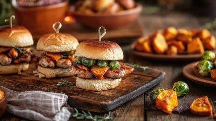 Modern Thanksgiving appetizers featuring turkey sliders, sweet potato crostinis, and roasted brussels sprouts on a rustic table