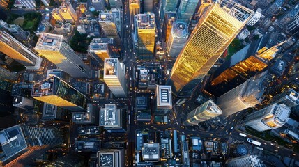 Aerial View of Modern Skyscrapers in City Downtown at Night