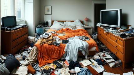 A cluttered bedroom with an unmade bed, orange bedding, and clothes, books, and objects strewn around. Two TV sets on dressers add to the disorganized environment.