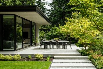 Design of a modern backyard patio with an outdoor kitchen and dining area