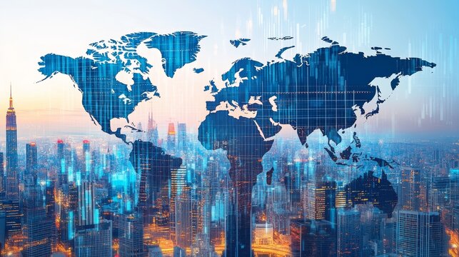 Global Stock Market Investments Cityscape Double Exposure with Trading Charts and Growth Concept.