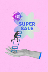 Vertical photo collage of addicted man shopaholic climb offer ladder hot big sale offer consumerism discount isolated on painted background