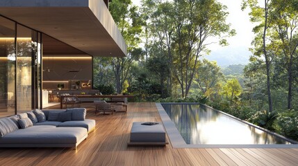 Fototapeta premium Stylish modern house with a swimming pool that evokes serenity and elegance.