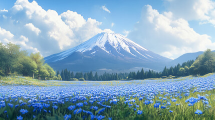 Realistic mountain fuji behind a field of blue flowers
