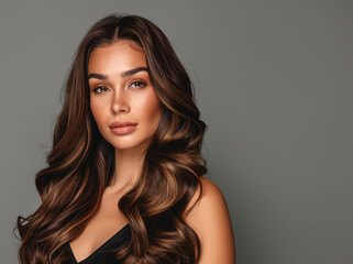 Naklejka premium Perfect young adult woman with beautiful natural long wavy brown hair. Make-up, clear fresh skin and curly hairstyle. Cosmetic, styling, shampoo, glance and hairdresser concept