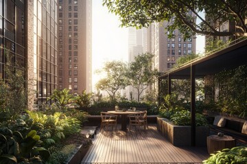 Obraz premium Plants and furniture decorate this spacious outdoor patio in a modern style