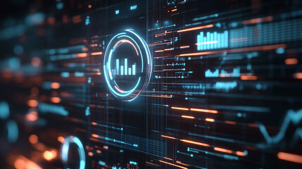 Obraz premium Digital search icon on future technology background. Evolution of search engine. Futuristic search icon and abstract diagram in the world of technological progress and innovation
