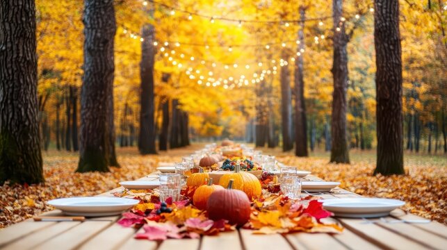 An outdoor Thanksgiving feast set on a long table in the middle of a golden autumn forest, surrounded by colorful leaves, with string lights hanging from the trees