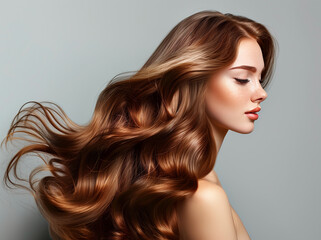 Naklejka premium Profile of redhead person woman portrait. Beauty model with fashion make-up, long red hairstyle and beautiful face. Beauty salon, cosmetic, hair and skin care concept