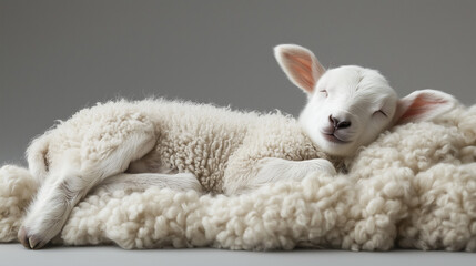 A lamb lying on its back on a pile of soft wool isolated on a simple background
