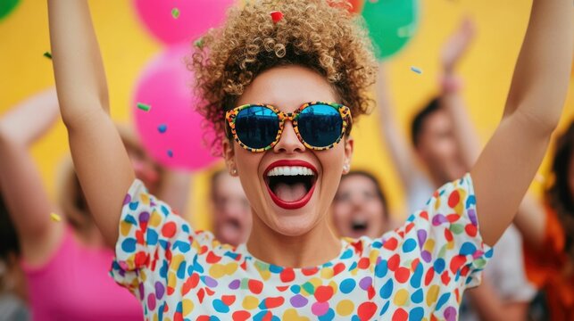 A group of excited friends jump up in during a surprise party capturing an unforgettable moment of pure joy and energy