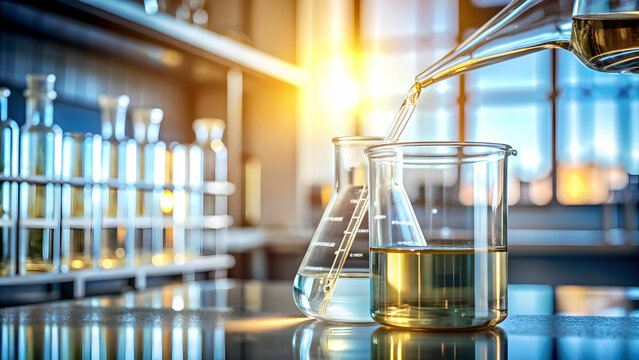 Close-up of propylene glycol being poured from a beaker in a lab setting, propylene glycol, beaker