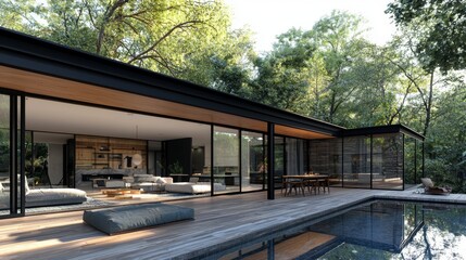 Obraz premium Stylish black pergola overlooks crystal clear pool surrounded by lush greenery and elegant teak furniture epitomizing luxurious outdoor living