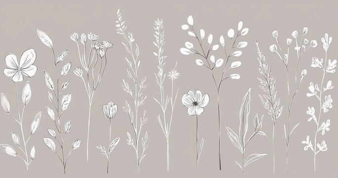 Vintage floral collection with detailed flowers for wedding invitations, wallpaper art, or save-the-date cards. Botanical modern illustration, line herbs.